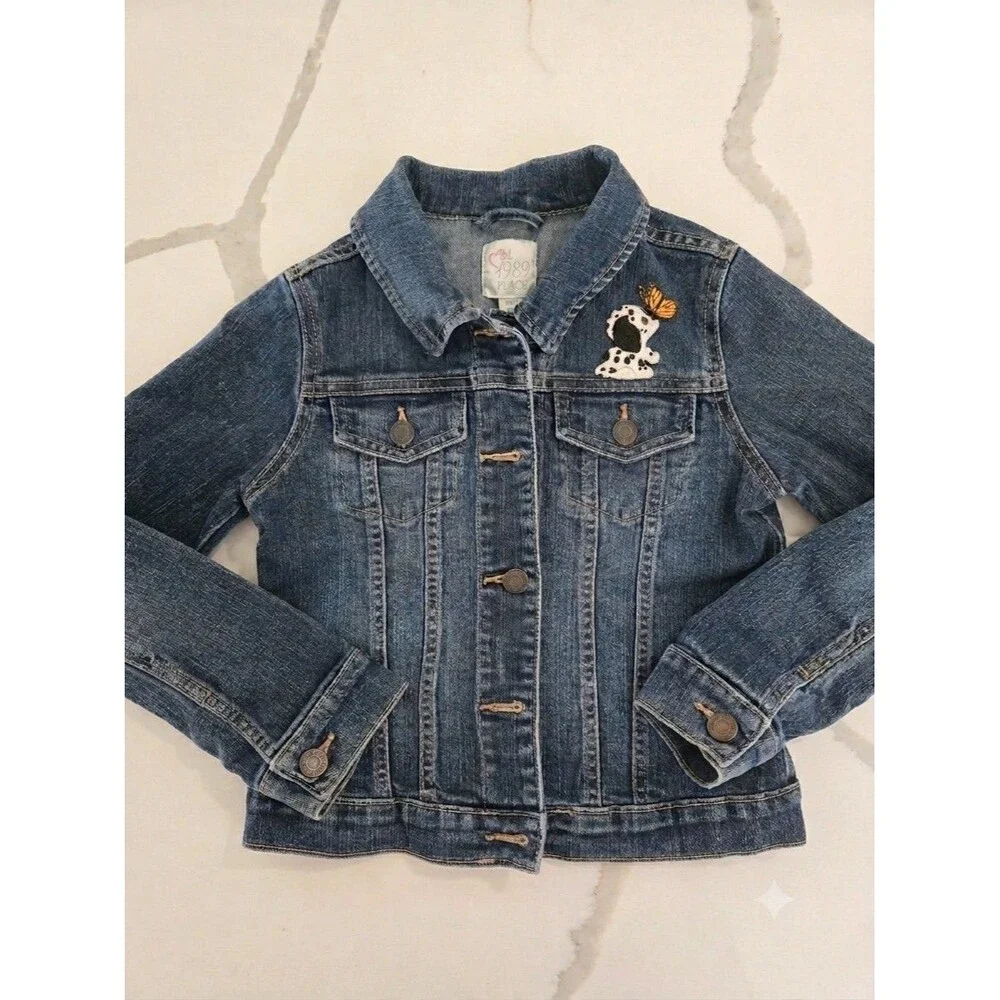 The Children's Place Puppy Patch Size M 7/8 Denim Trucker Crop Jacket Girls Blue